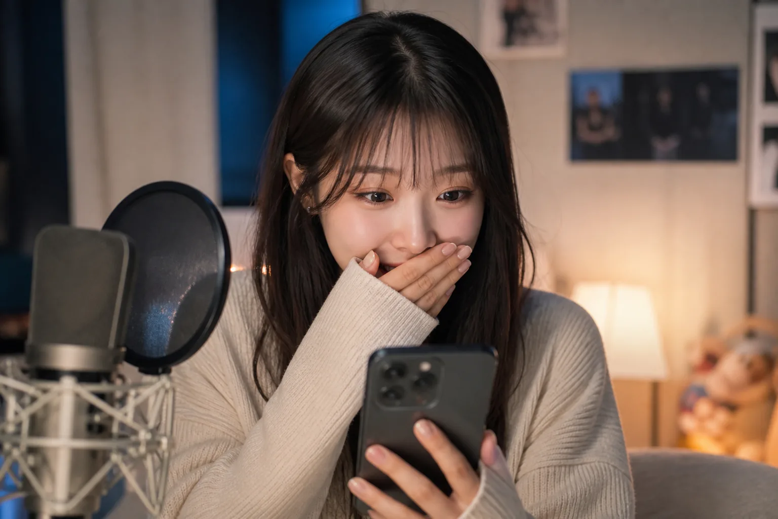 Young K-pop performer reacting to a senior idol shoutout online