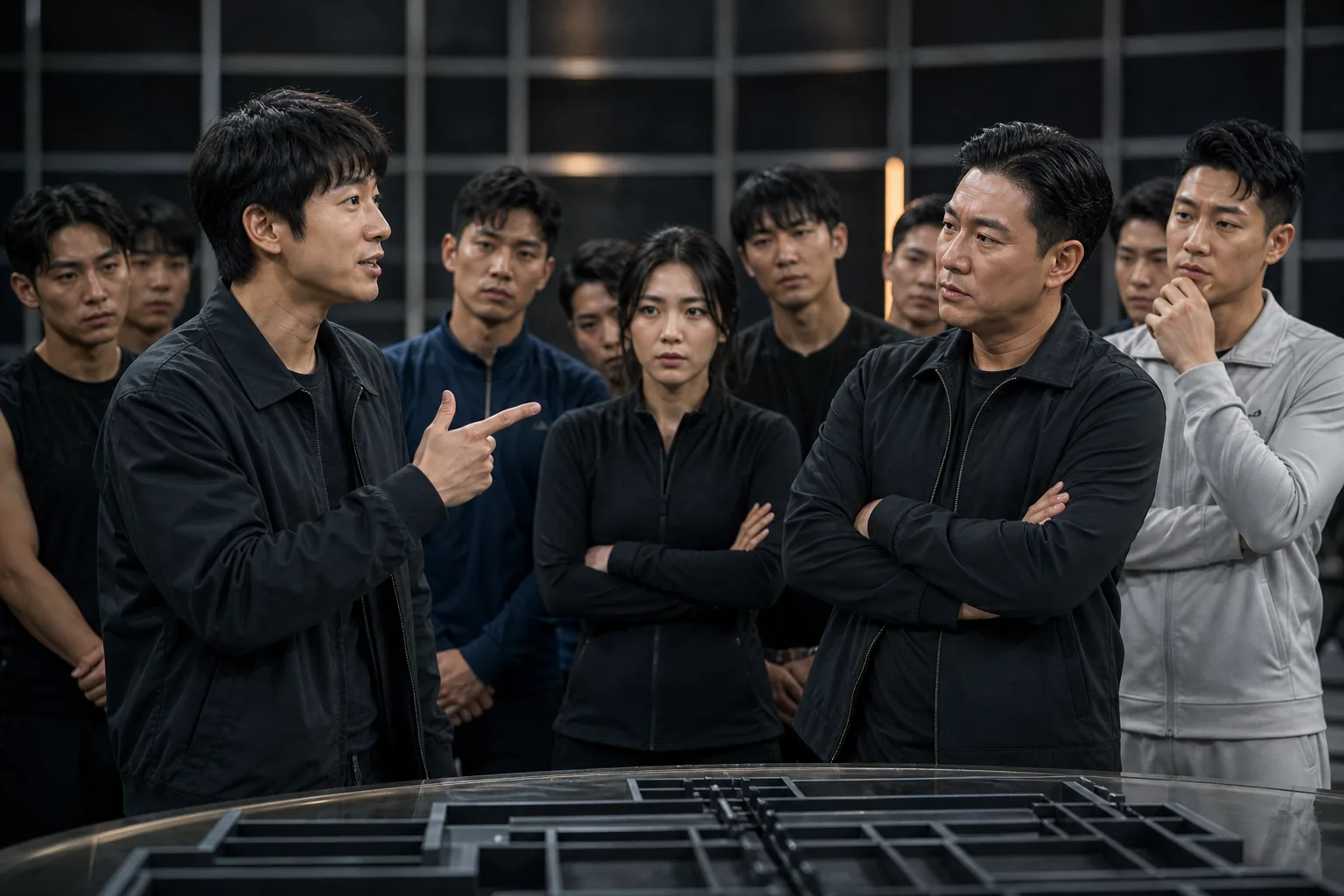Korean variety show contestants preparing for strategy and physical survival challenges