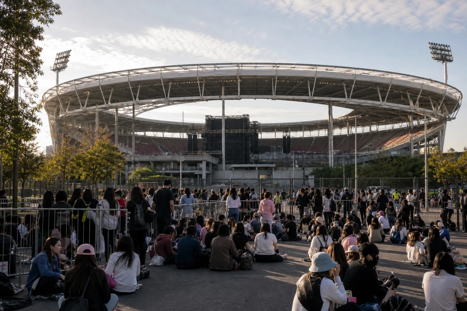 Fans wait outside a concert stadium as BTS Chile shows face venue uncertainty