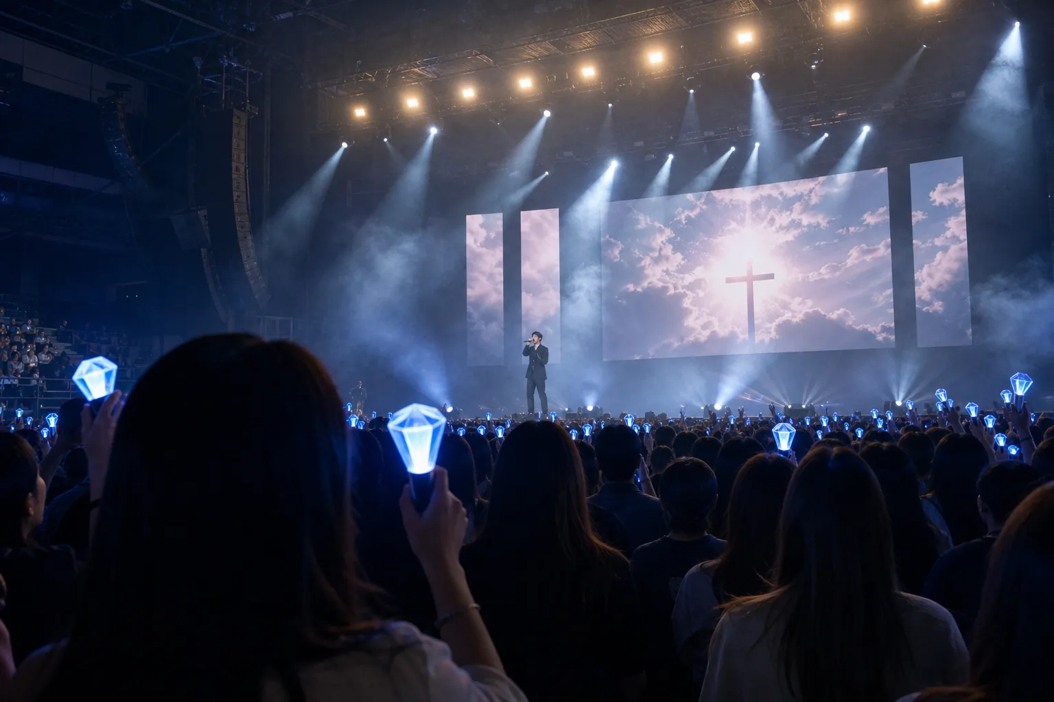 Audience watching a K-pop concert as discussion grows over personal messages during performances