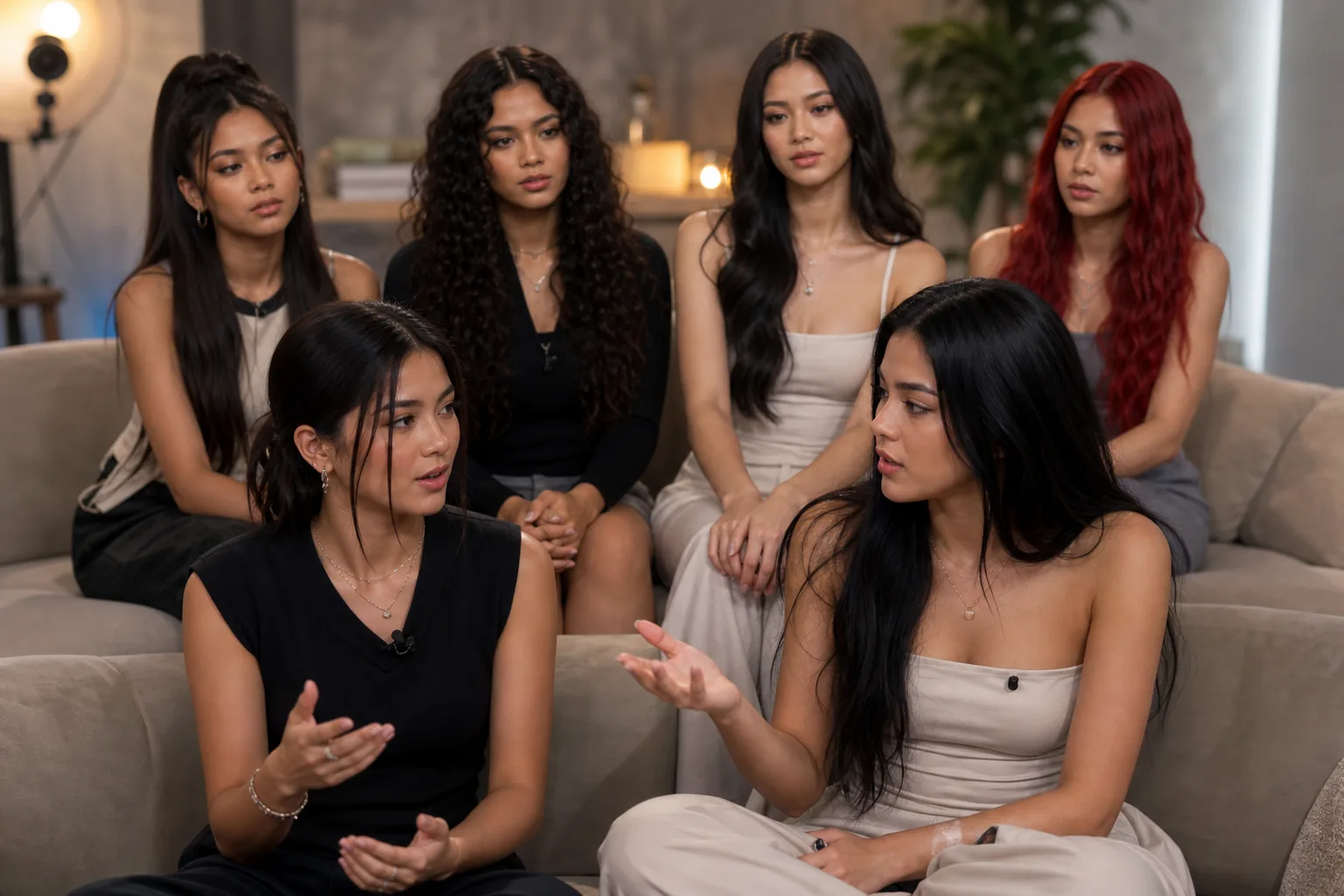 KATSEYE members seated during a group interview discussion