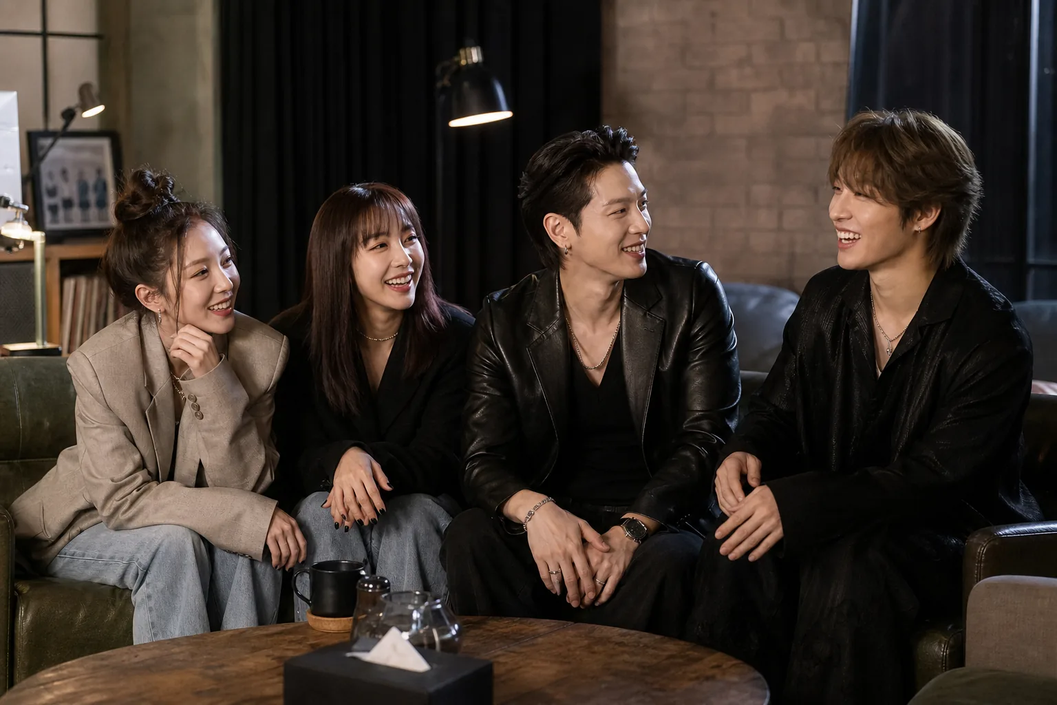 Editorial image of a K-pop studio reunion atmosphere
