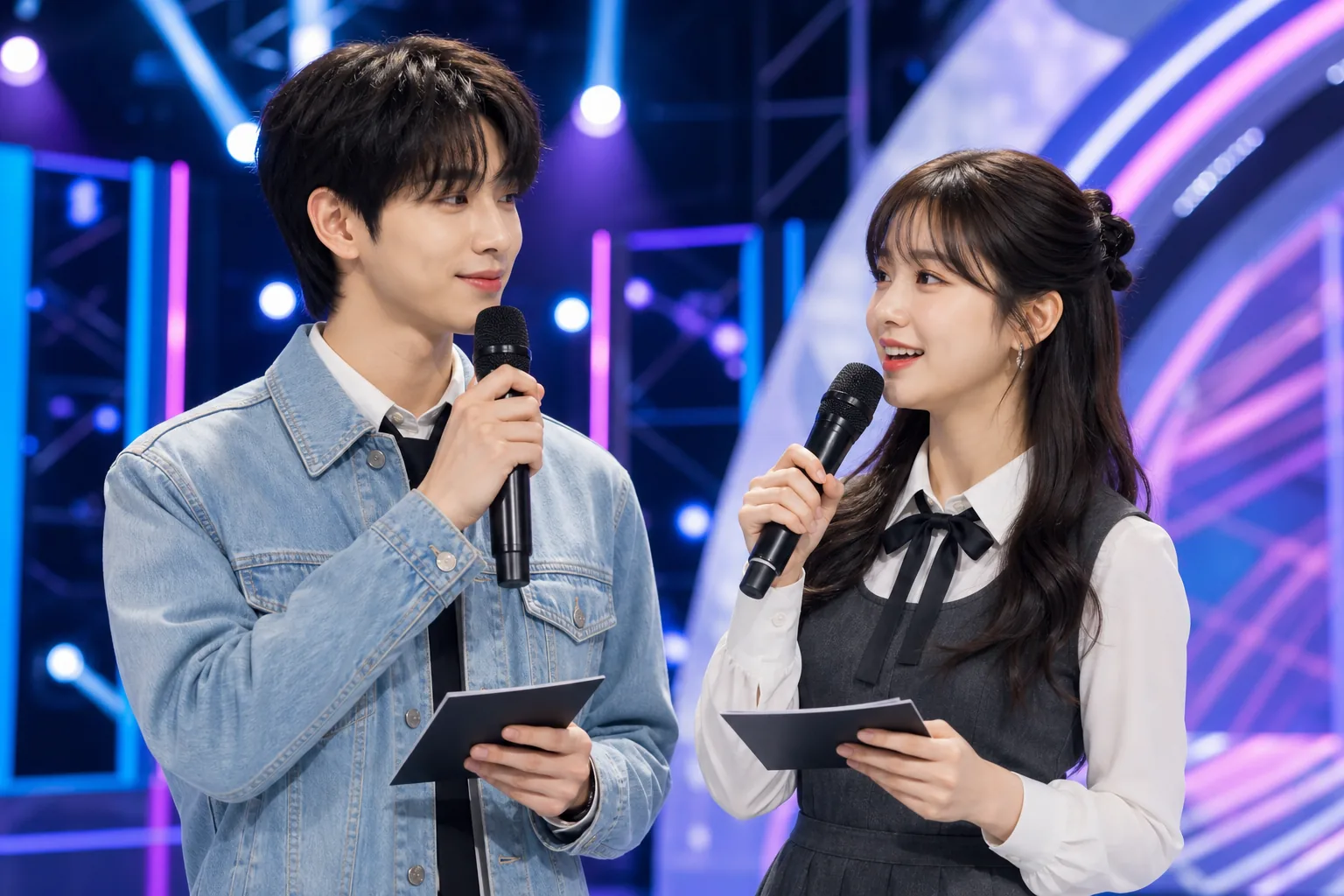 K-pop music show studio with two new hosts preparing for a live broadcast