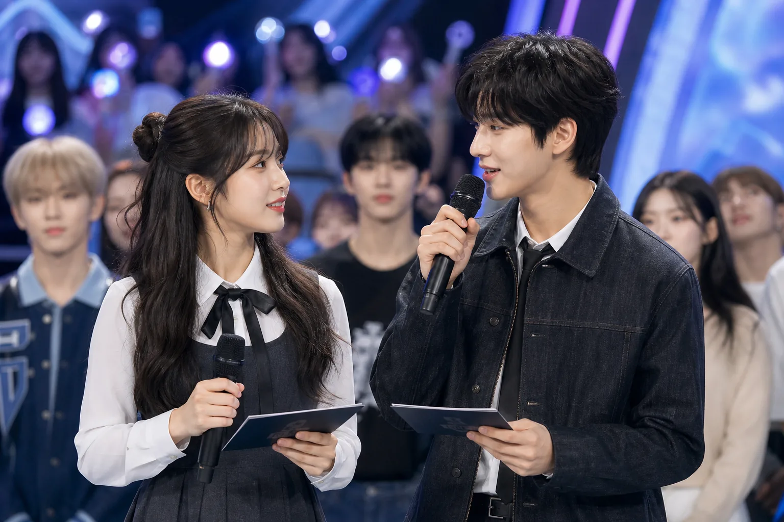 K-pop broadcast stage showing the importance of weekly music show hosts