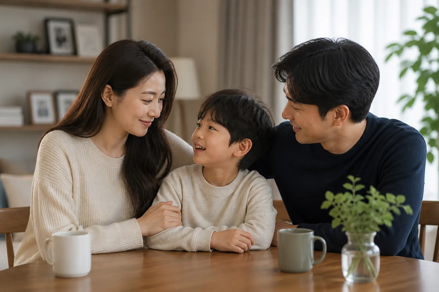 A quiet family table symbolizing Oh Yoon Ah's new family chapter