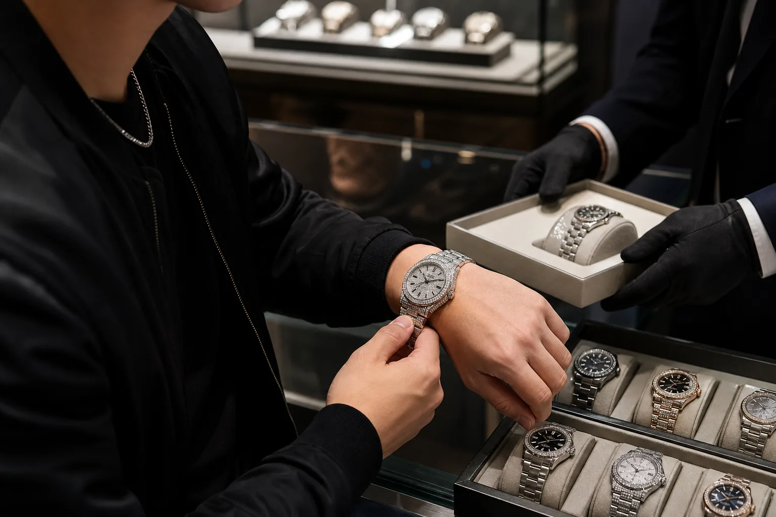 Watch shop counter representing the chance discovery in Simon Dominic theft case