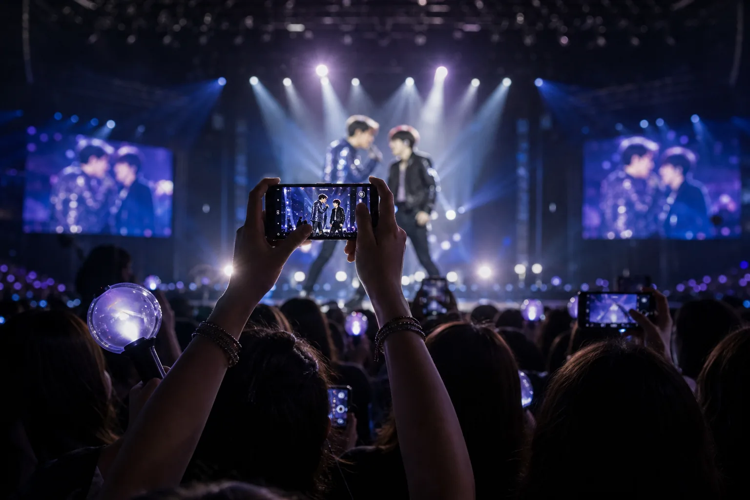 Fans watching a K-pop concert stage as a viral BTS moment spreads online