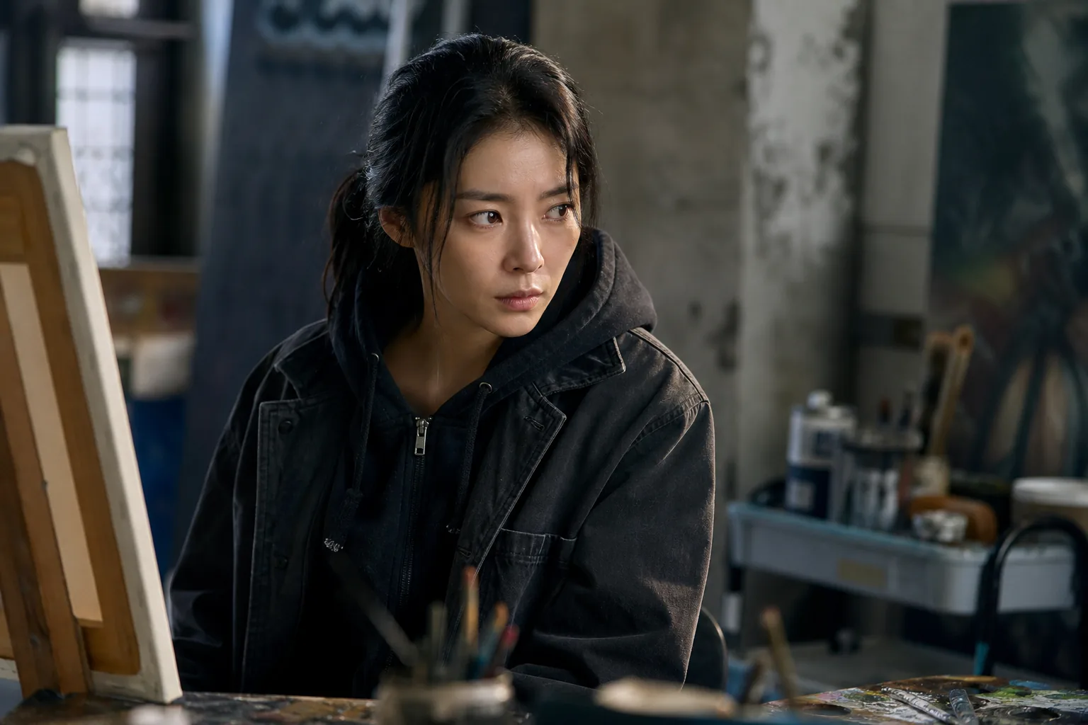 Dramatic Korean painting studio scene symbolizing Na Ji Ni's inner conflict