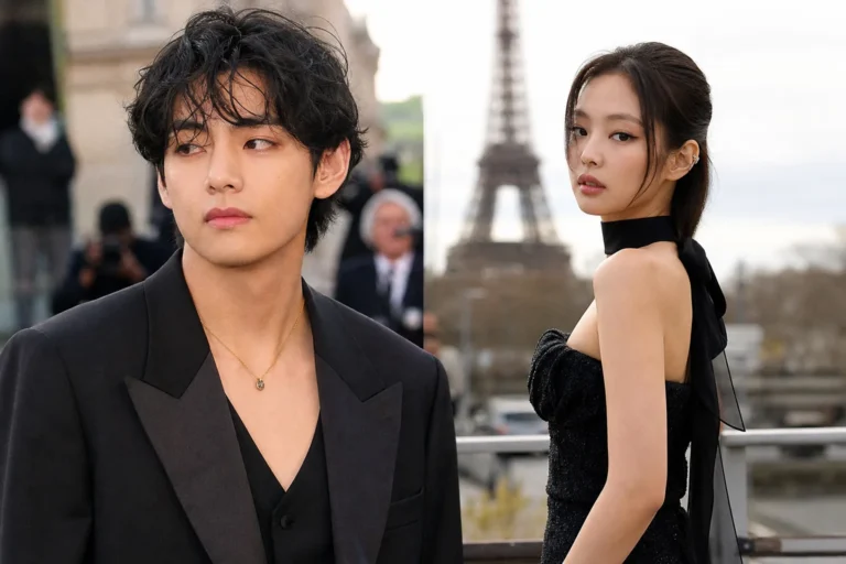 Paris fashion week crowd and cameras representing BTS V and BLACKPINK Jennie dating rumor discussion