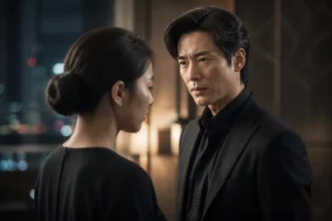 K-drama thriller couple in tense premiere atmosphere