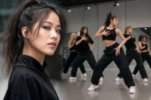 Audrey Lane K-pop trainee news represented by a modern dance studio scene