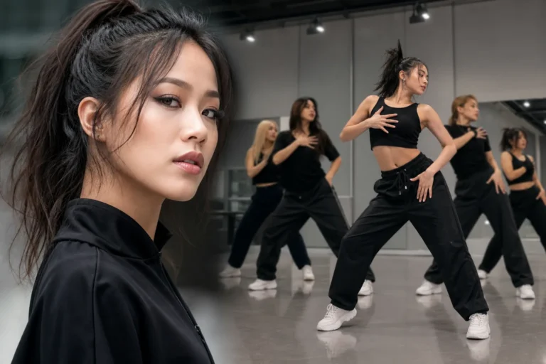 Audrey Lane K-pop trainee news represented by a modern dance studio scene