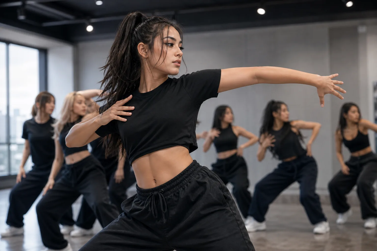 K-pop trainee practicing choreography in a clean studio setting