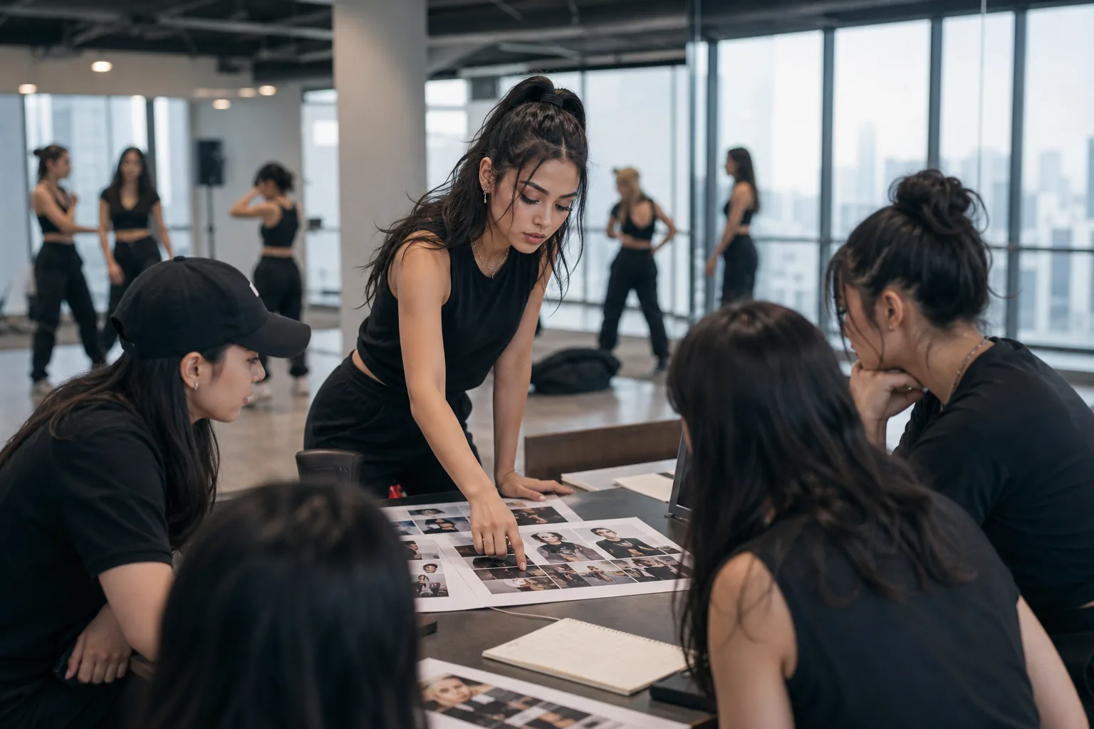 Creative director planning a K-pop group debut in an entertainment agency studio