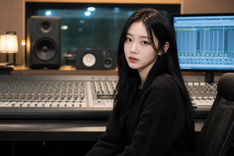 A quiet recording studio representing Swan's future as a singer after Purple Kiss