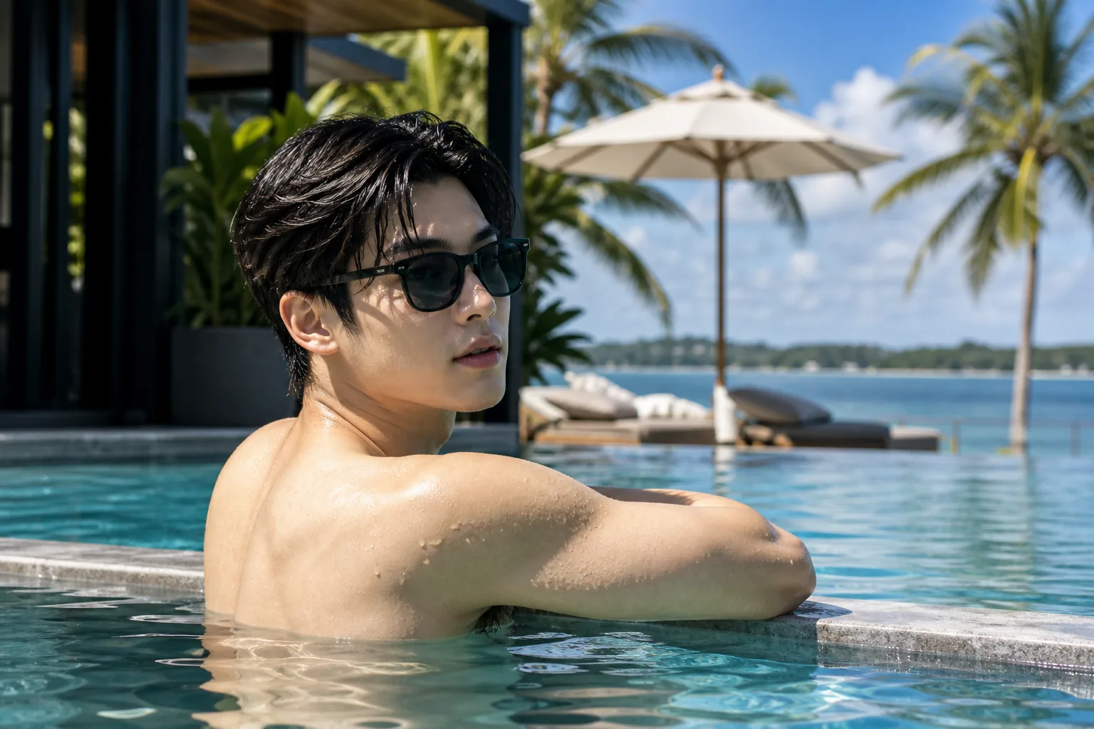 Editorial image of a sunny resort pool setting for Lee Jong Suk vacation update