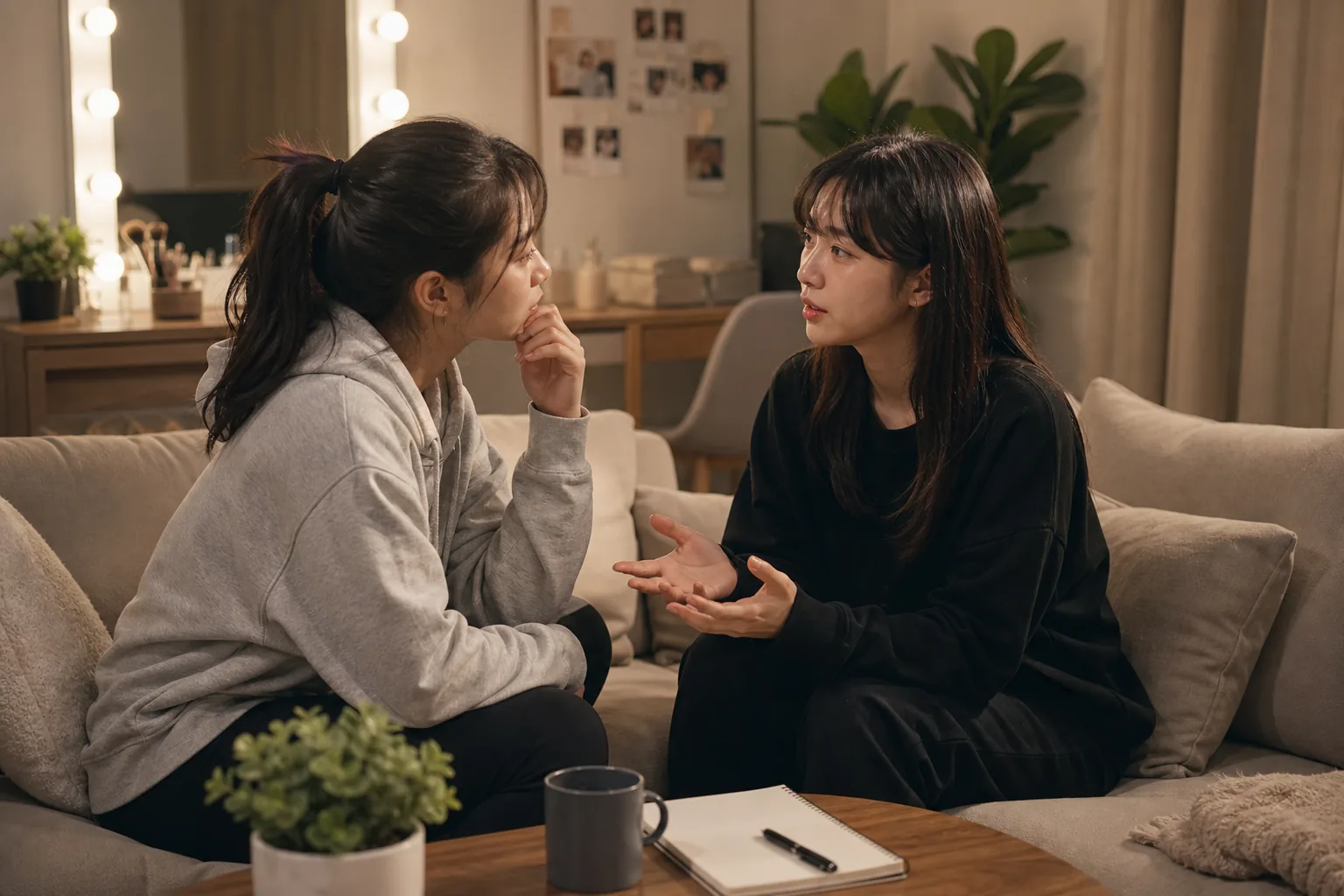 Korean entertainment studio conversation about health and trainee wellbeing