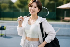 Editorial image inspired by Shin Bong Sun's fitness and tennis routine after weight loss