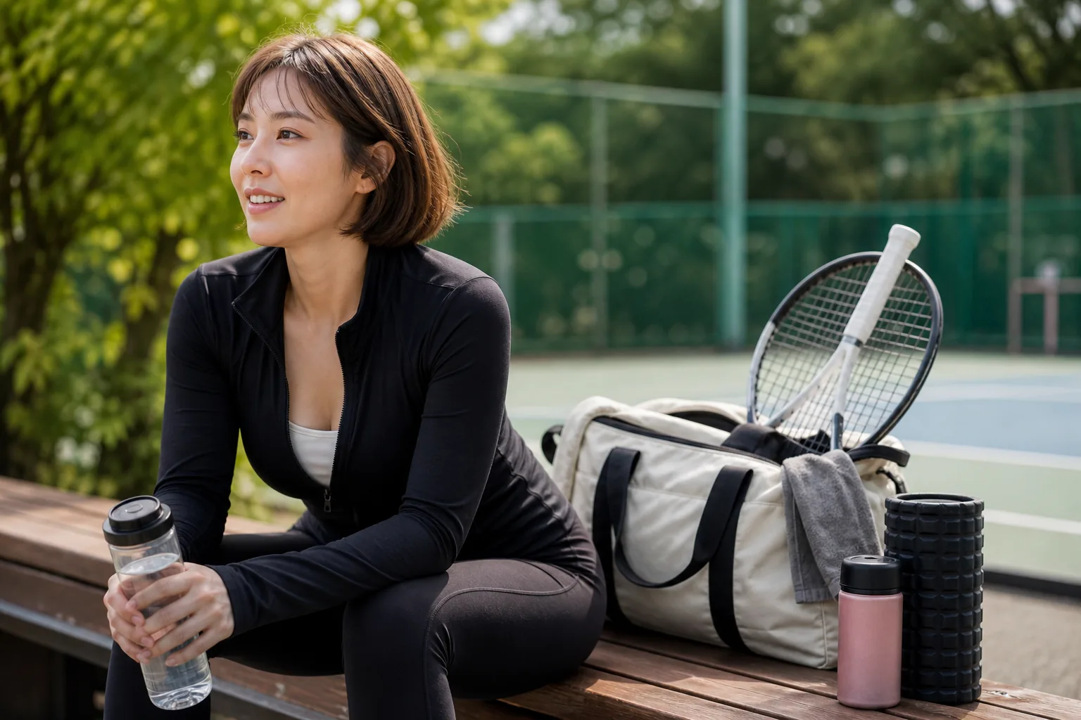Korean entertainer inspired fitness routine with tennis racket and workout bag