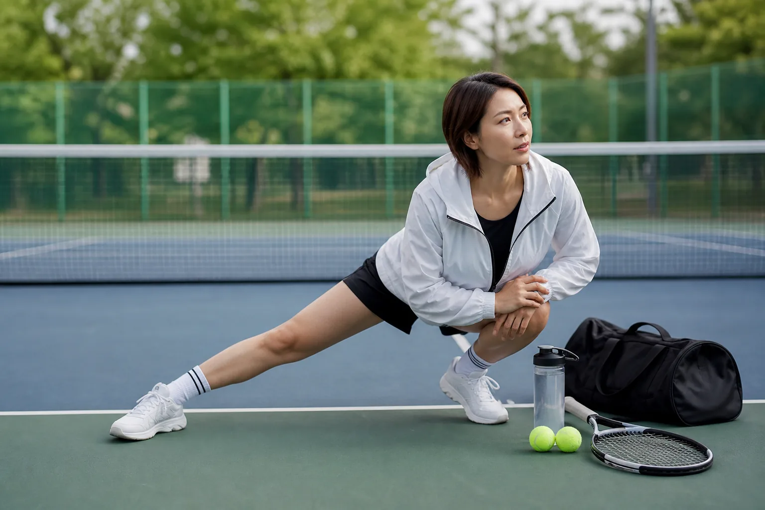 Clean editorial image of tennis court movement and balanced fitness training