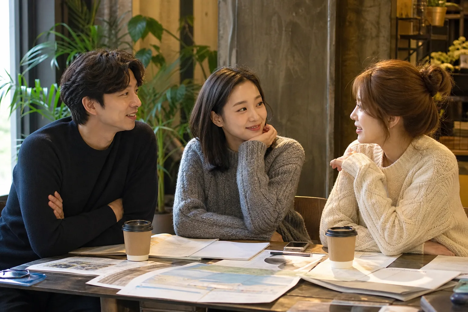 Actors planning a Korean drama anniversary trip around a restaurant table