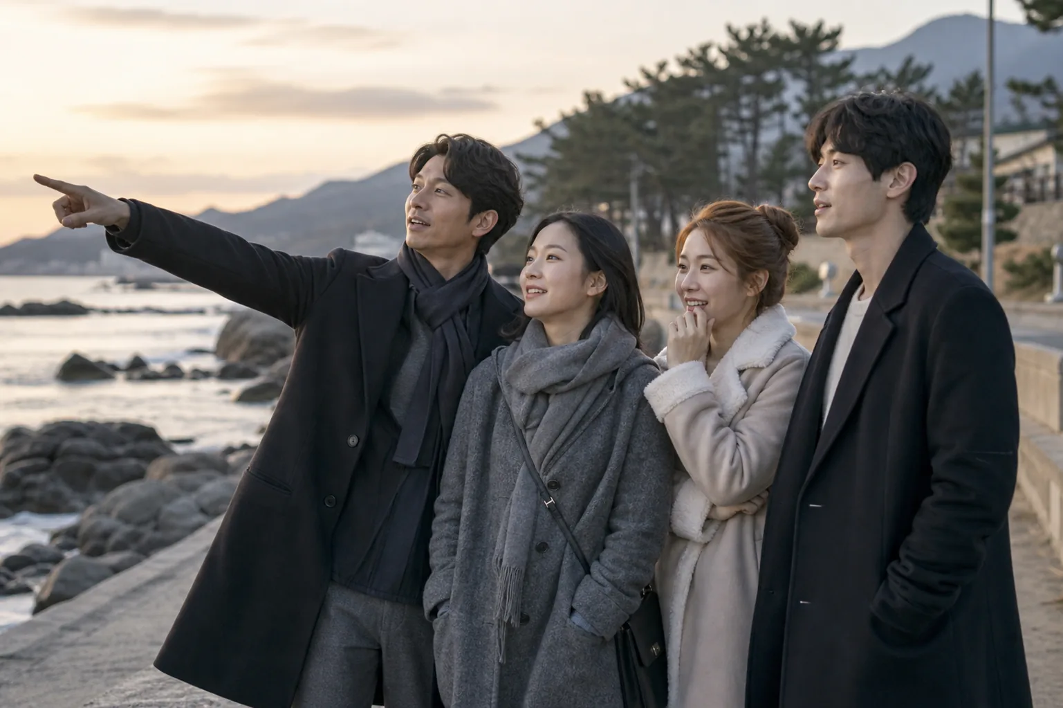Coastal Korean travel scene evoking a drama filming location reunion