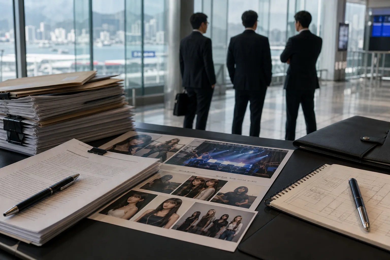 Contract documents and stage planning materials representing the ADOR NewJeans dispute