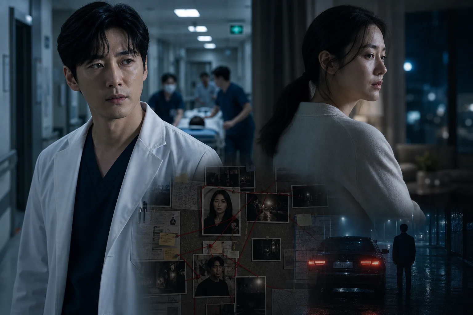 Korean drama hospital corridor and investigation board atmosphere