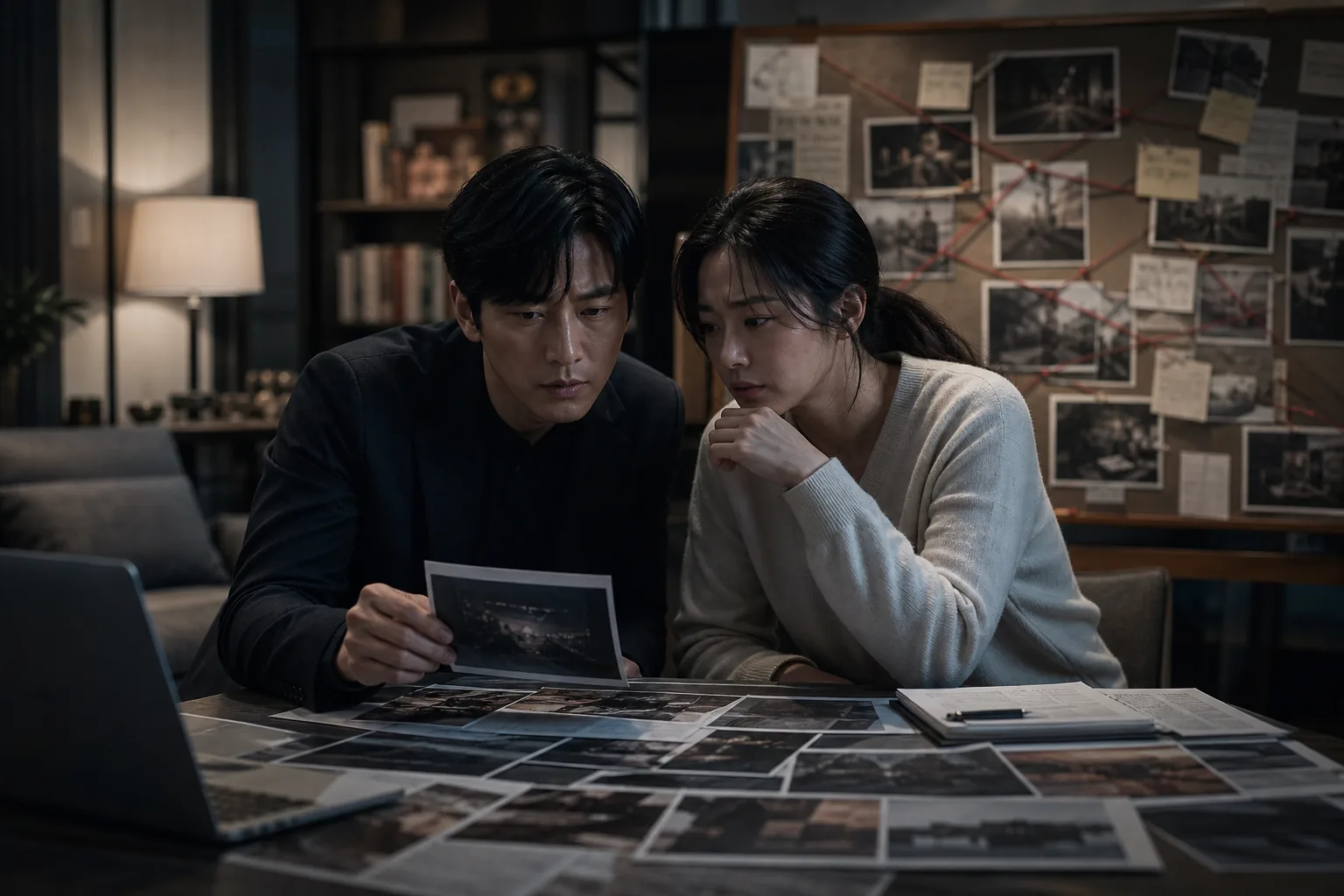 Suspenseful television production scene for a Korean crime thriller