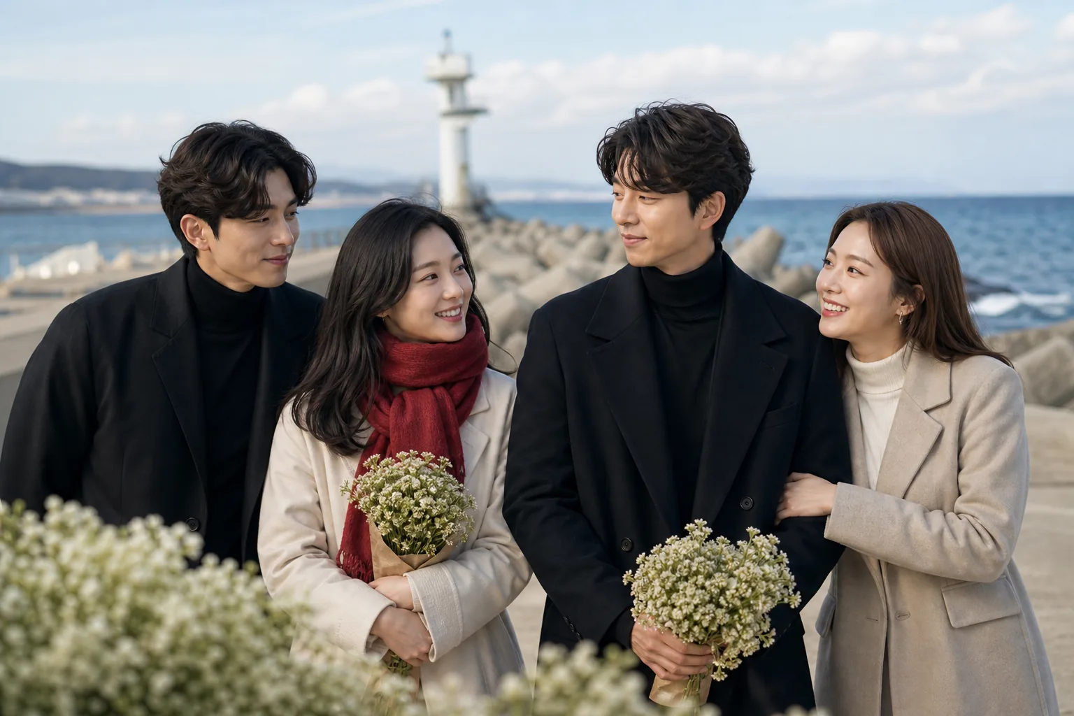 Actors revisiting a seaside filming location for a K-drama anniversary special