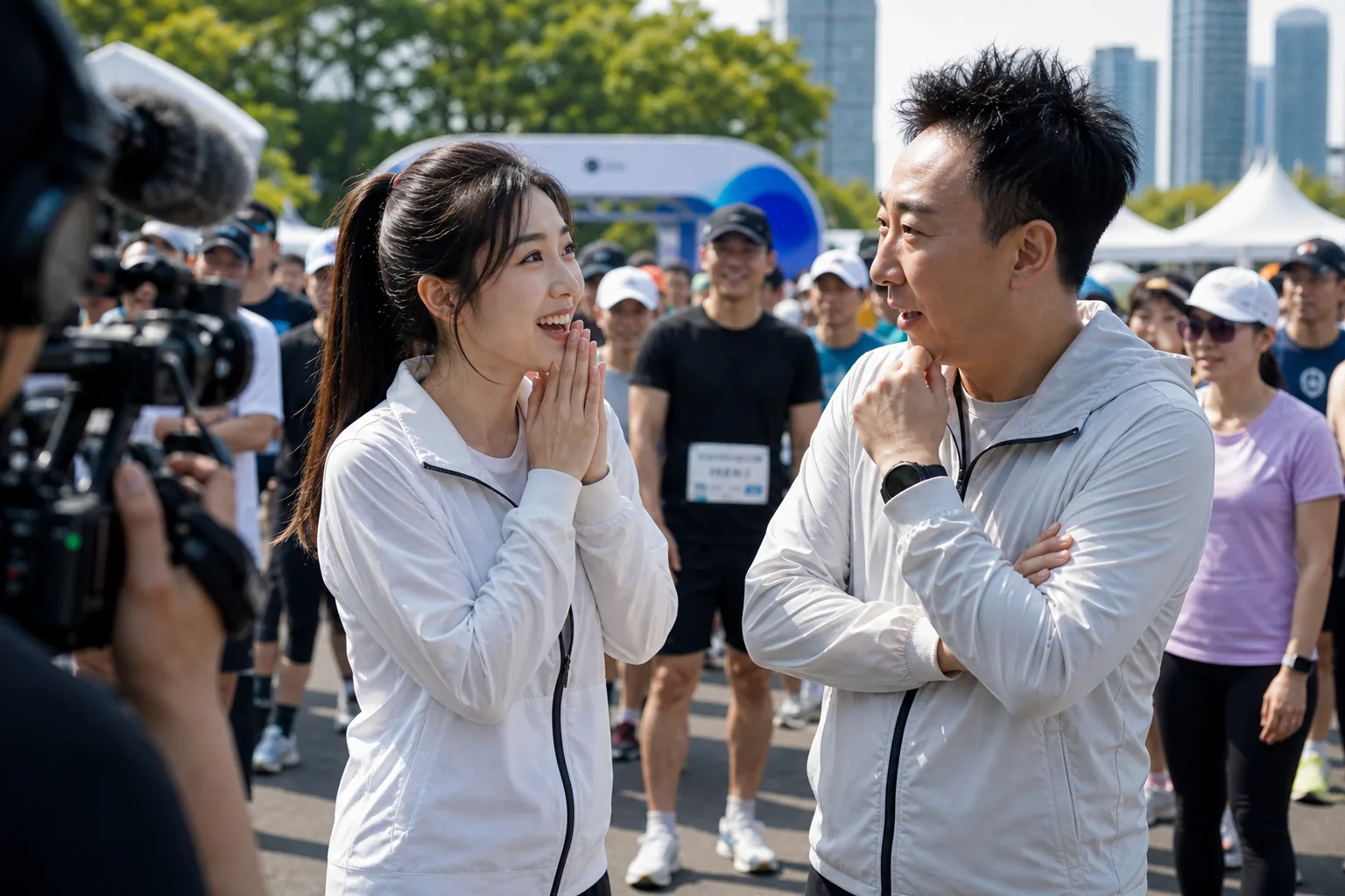 AI editorial image of a crowded Korean charity running event with broadcast cameras