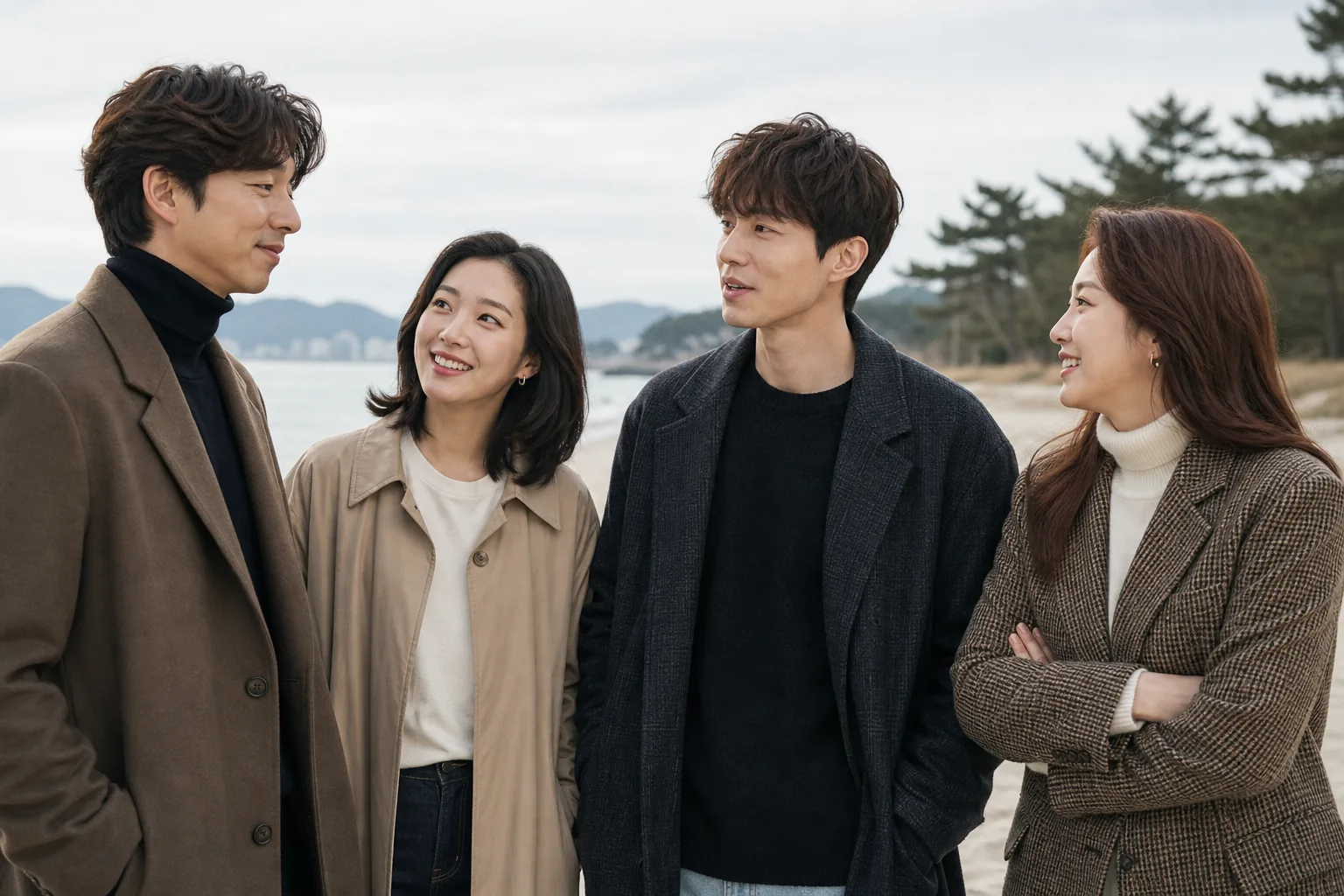 Actors revisiting a Korean drama filming location for an anniversary special