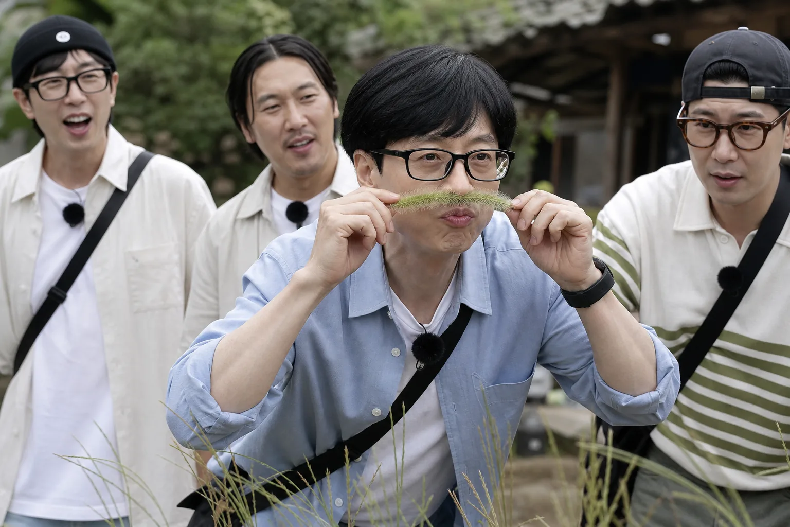 AI editorial image of a Korean variety cast filming a nostalgic rural comedy scene