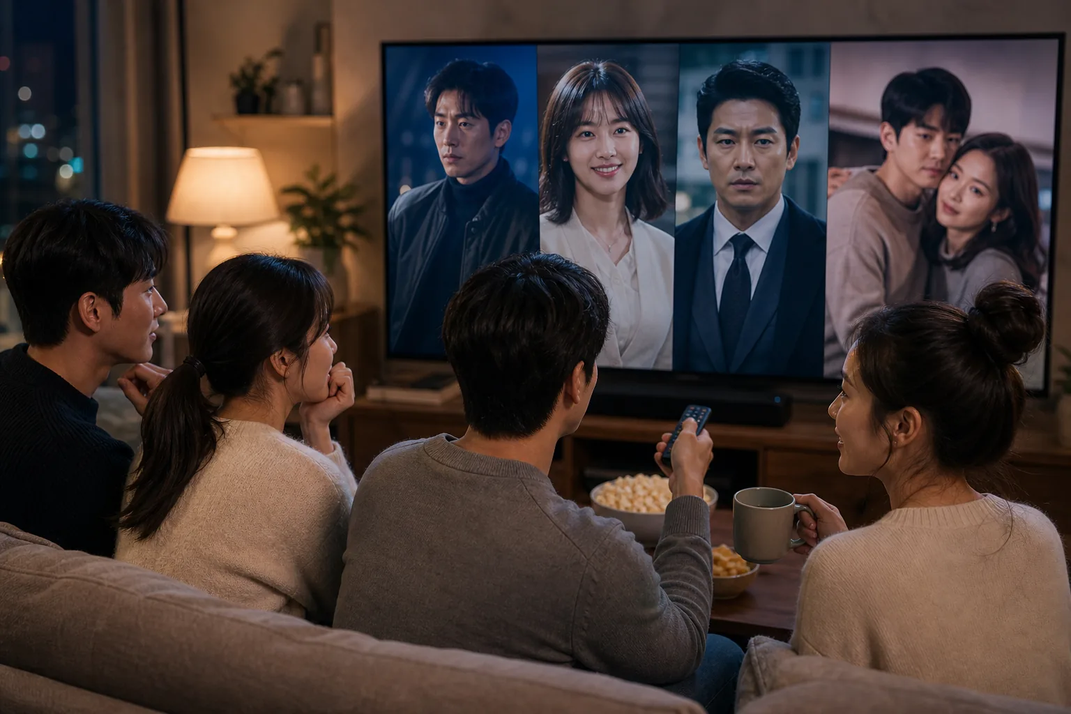Korean drama viewers comparing weekend TV shows at home