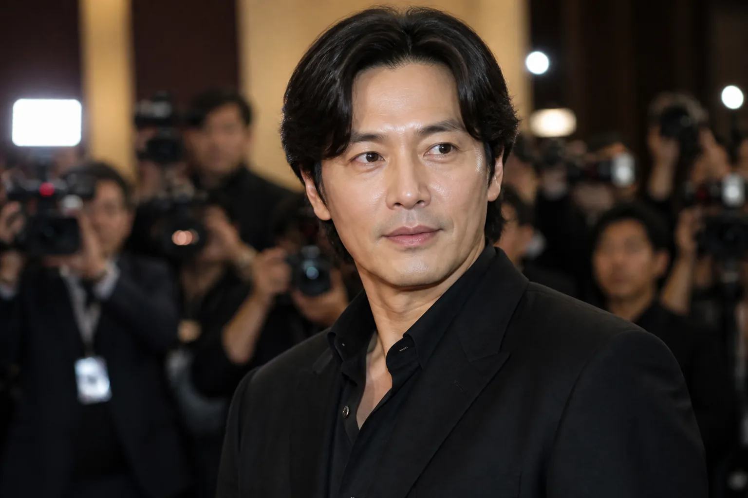 Editorial image of cameras focused on a Korean actor at a brand launch event