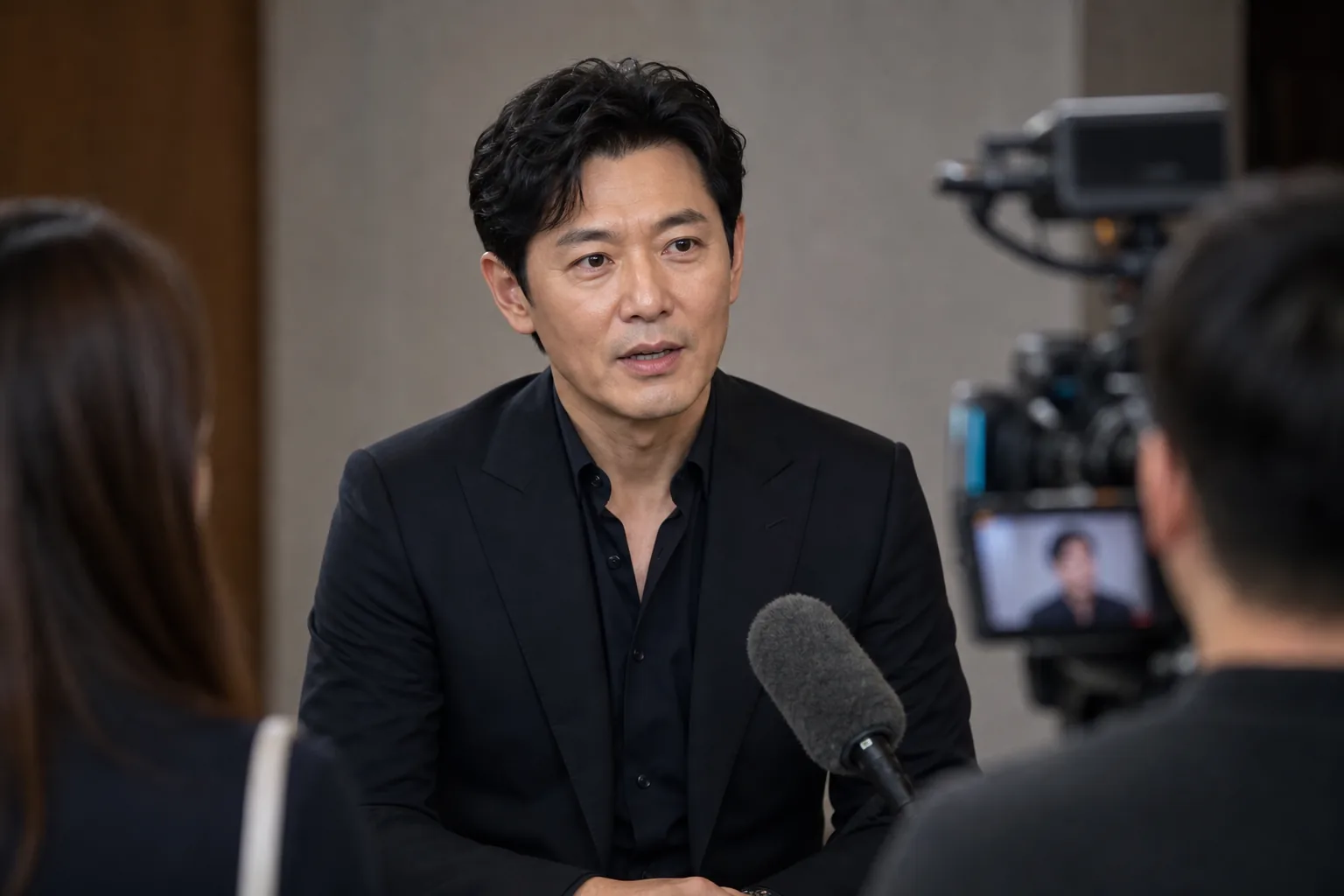 Editorial image showing a film interview setup with veteran Korean actors