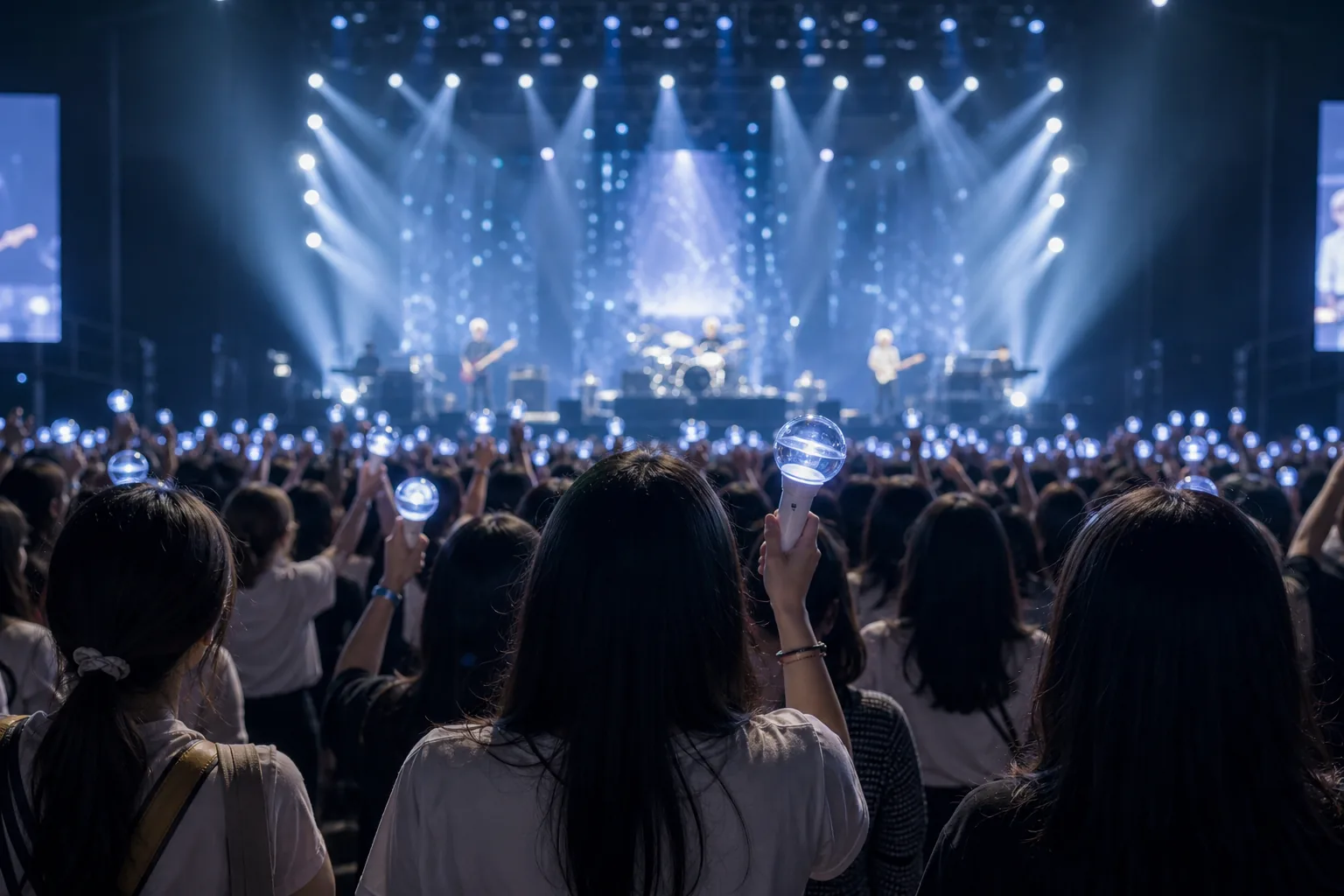 K-pop concert audience and stage lights representing DAY6 fans listening to Dowoon