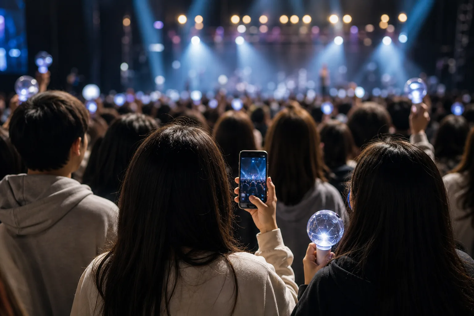 Smartphone screens and concert memorabilia representing online discussion around idol privacy