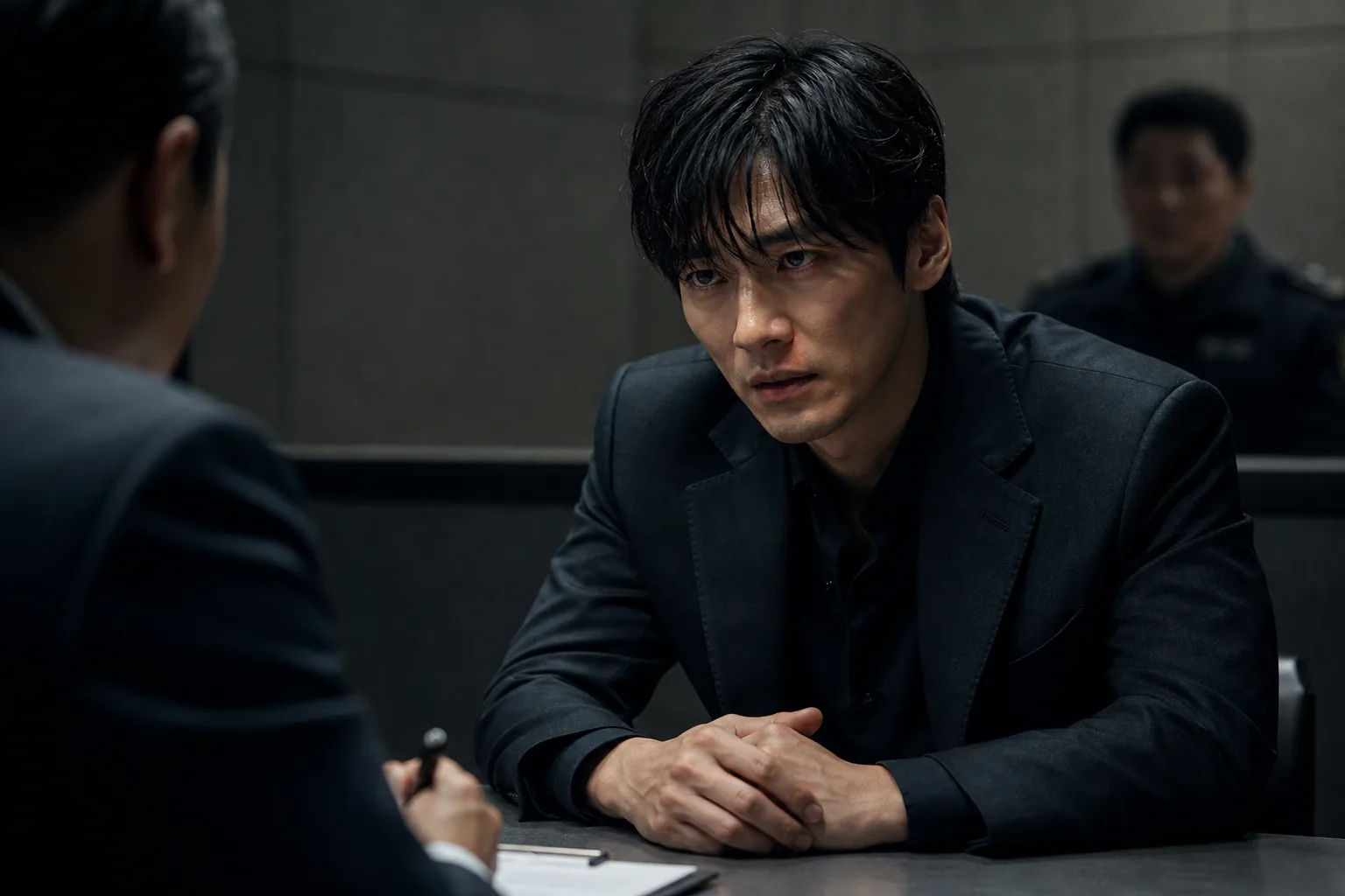 Korean thriller drama interrogation room visual for The Husband