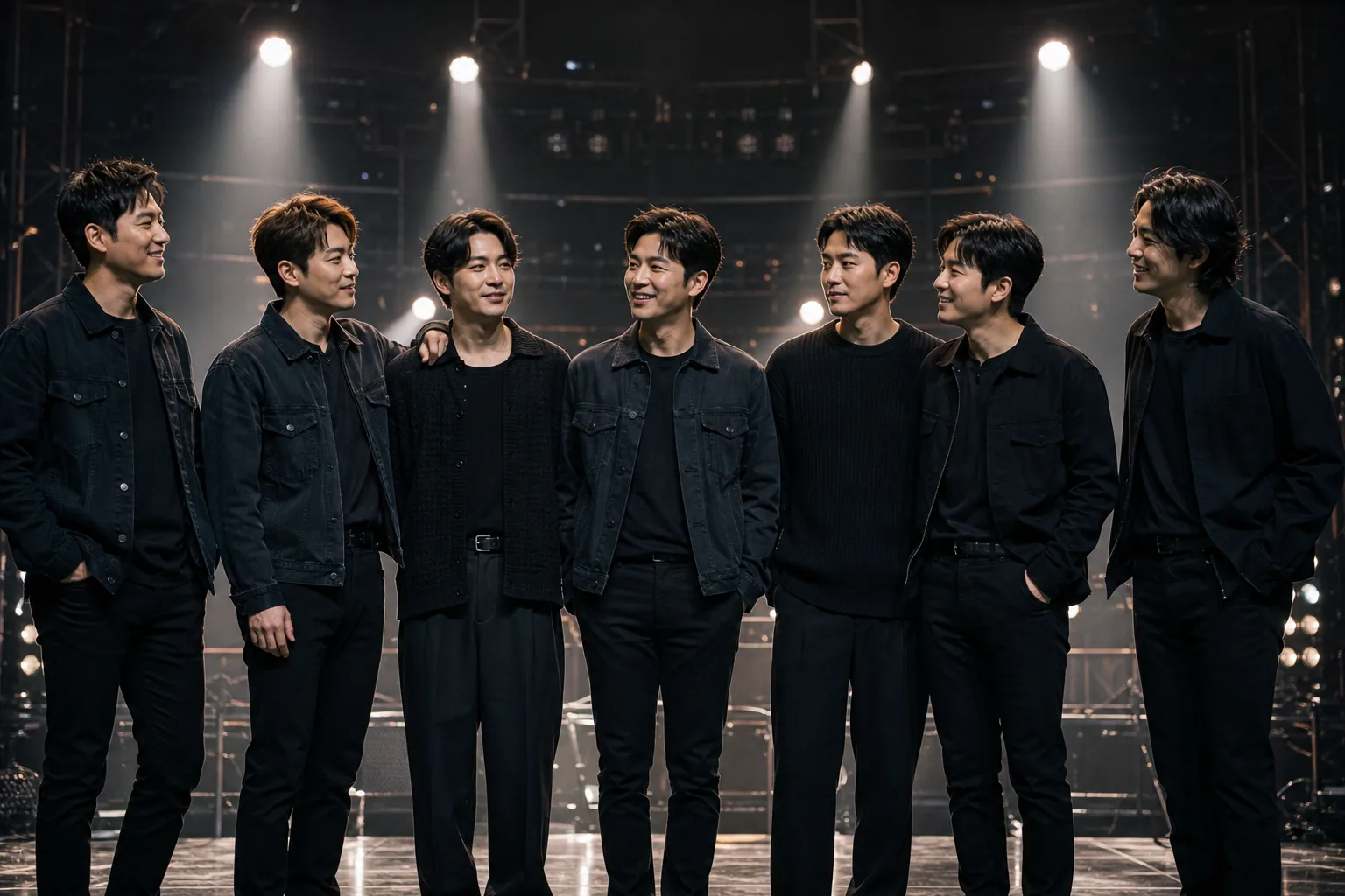Vintage K-pop band reunion stage representing Click-B's seven-member return