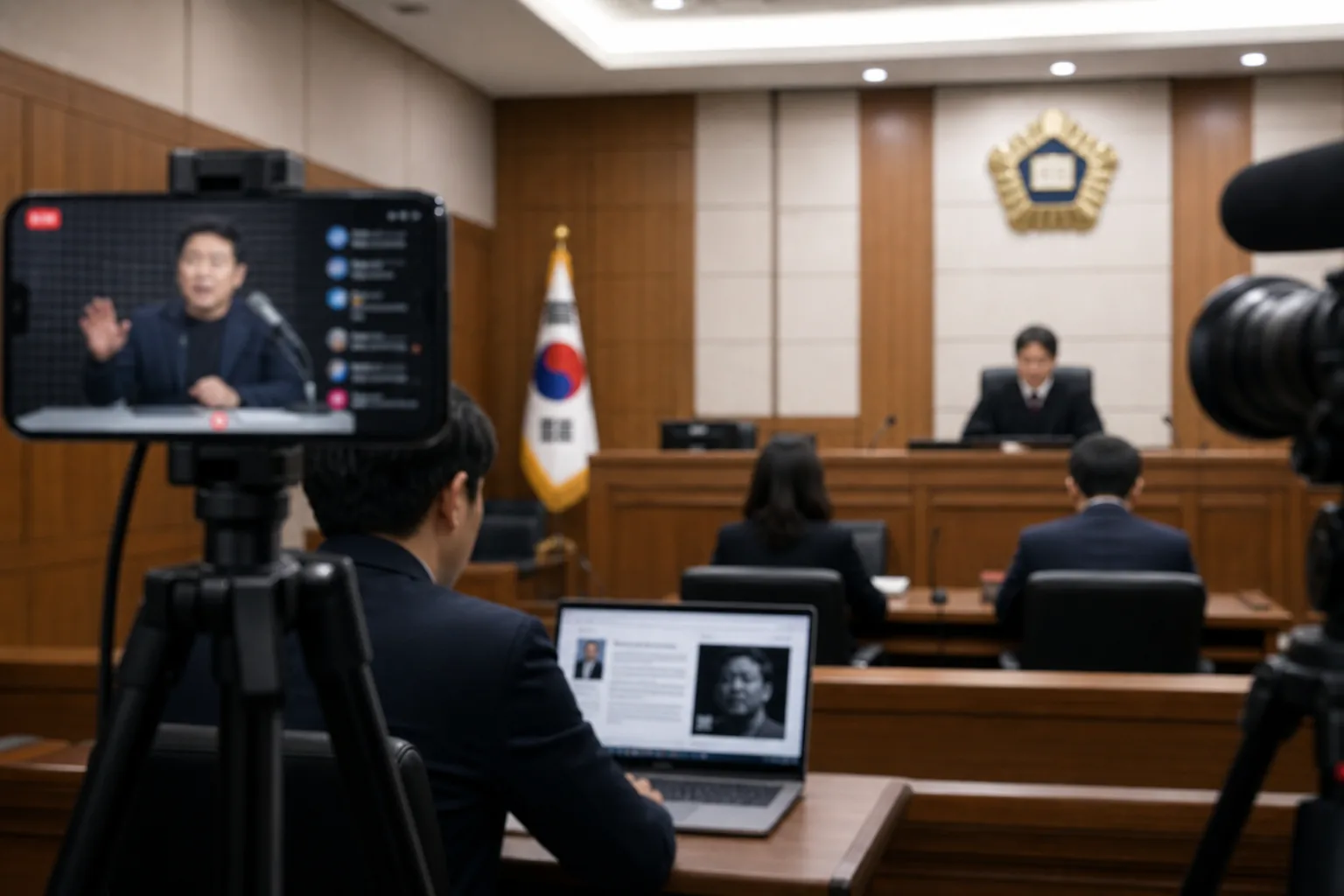 Digital media and courtroom setting representing allegations tied to YouTube broadcasts about Kim Soo Hyun