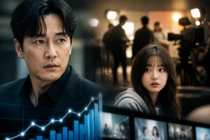 Television ratings screen and drama set lights representing Mr. Kim's ratings surge