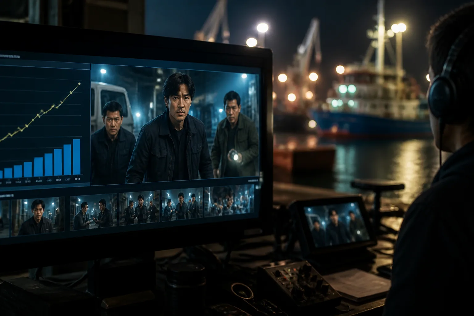 Drama production monitors showing a rising ratings graph for a Korean TV series