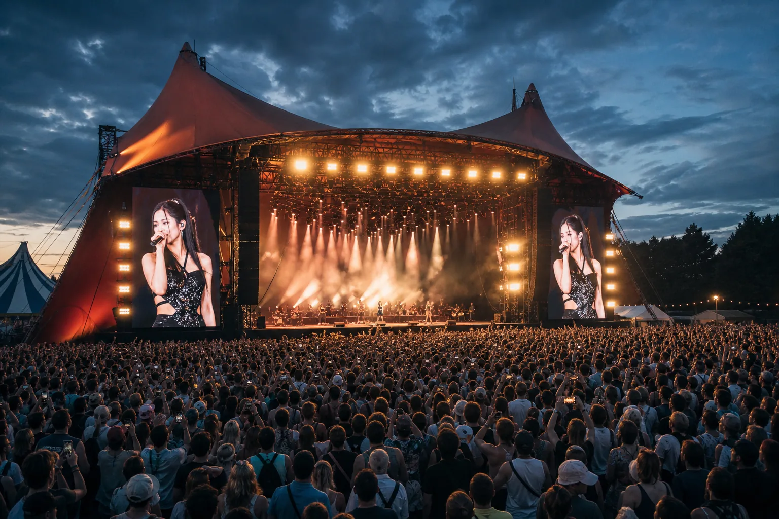 Large European music festival crowd and orange main stage lights for Jennie headliner story