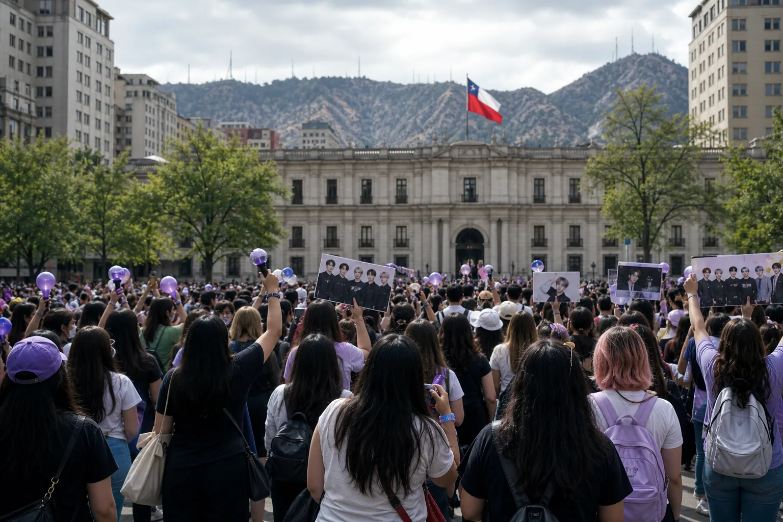 Fans gathering outside a city landmark during a K-pop concert venue dispute