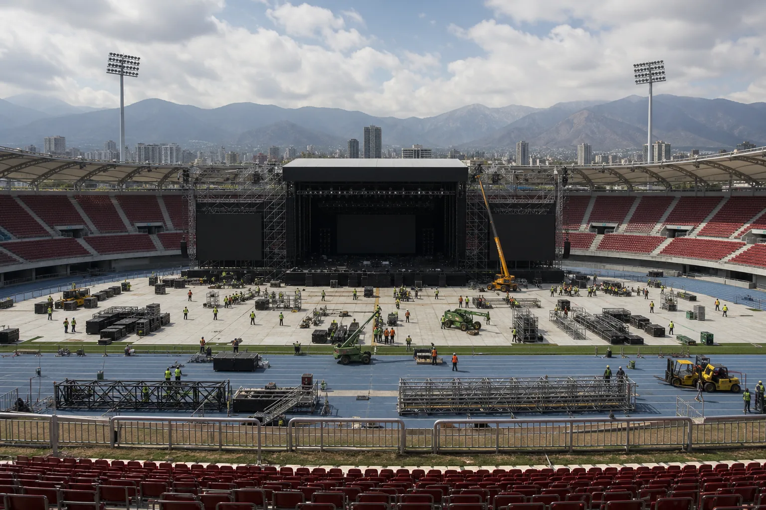 Concert stage planning inside a large stadium with open field space