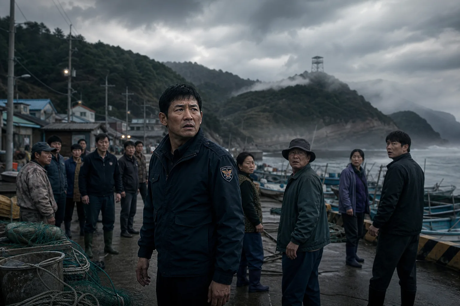 AI editorial image of an isolated Korean port village facing a mysterious emergency