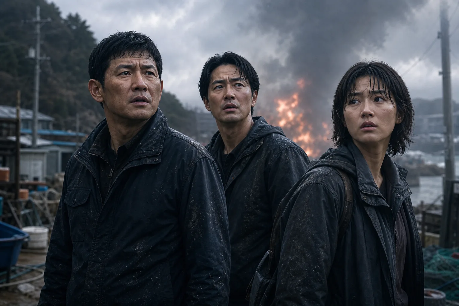 AI editorial image of Korean film cast facing a tense sci-fi survival situation