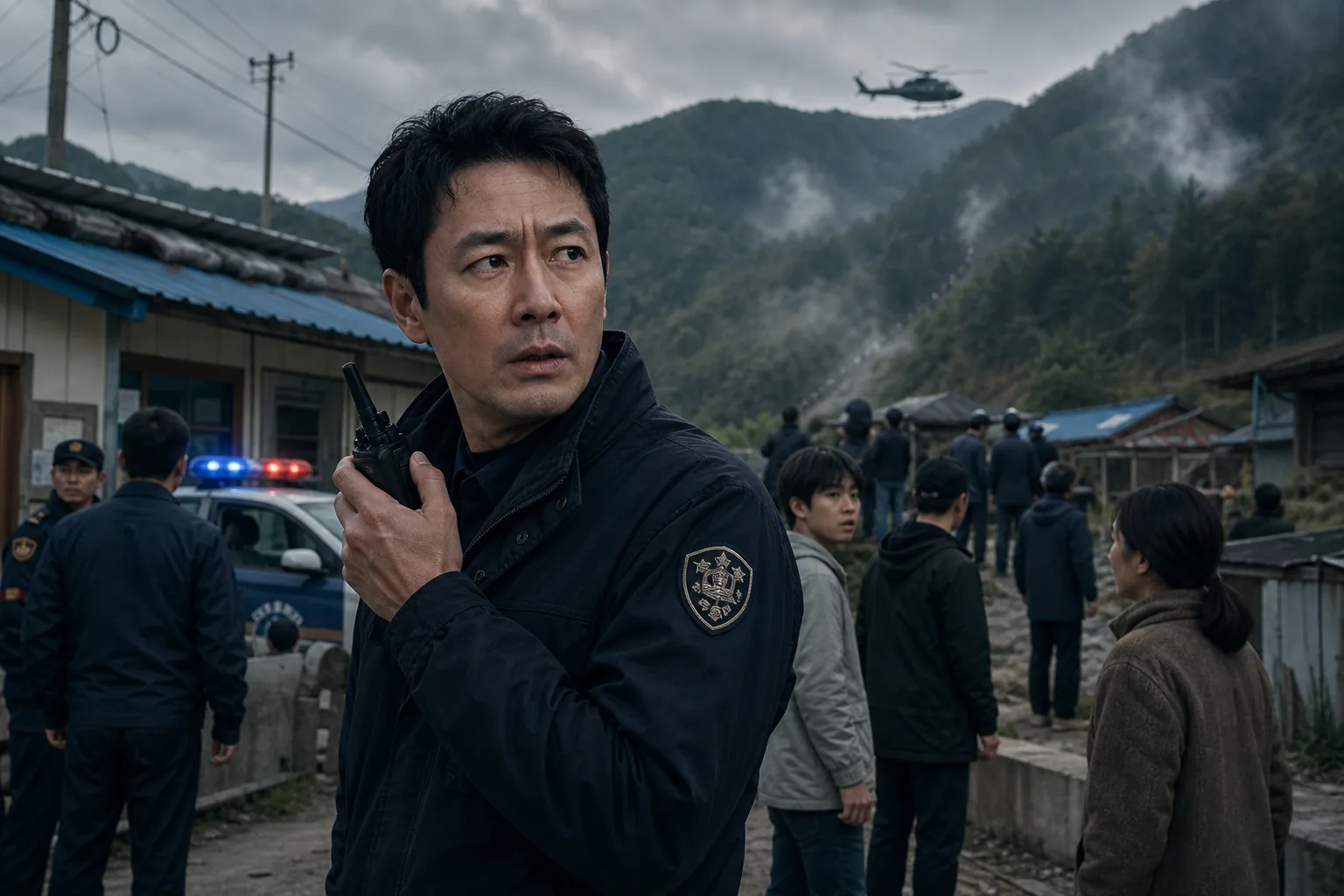 Tense rural Korean thriller scene inspired by the film HOPE posters