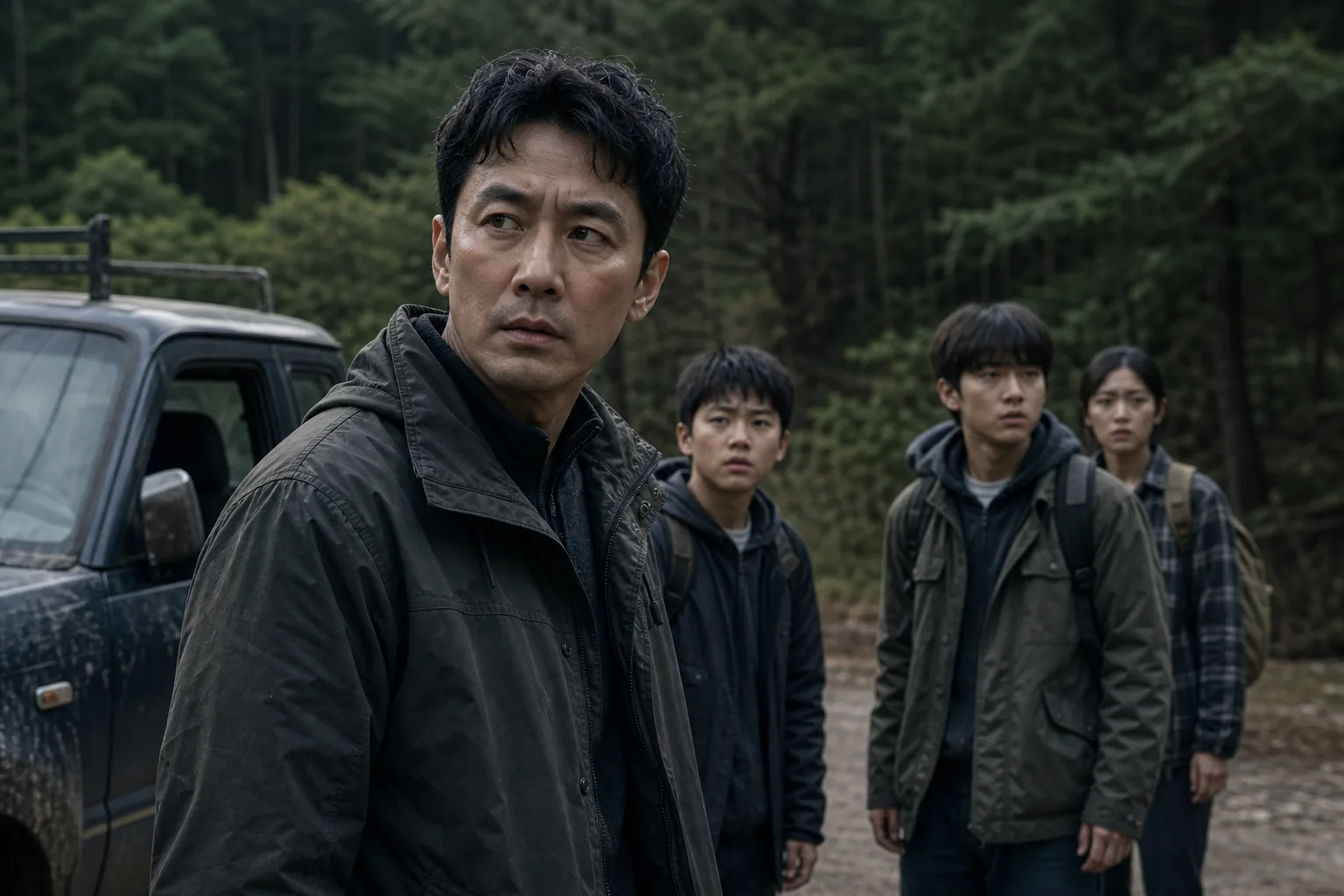 Korean film production atmosphere with police and forest thriller elements